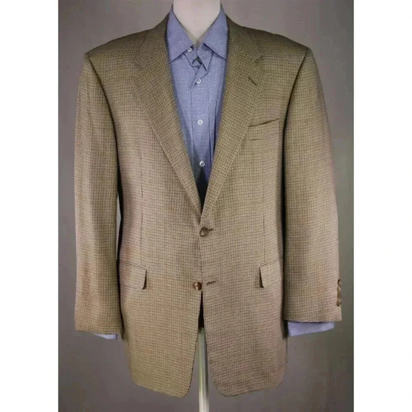 Hickey-Freeman Tan/Gray/Black Houndstooth Wool-Silk 2-Btn Sportcoat Blazer 44R - Picture 2 of 8